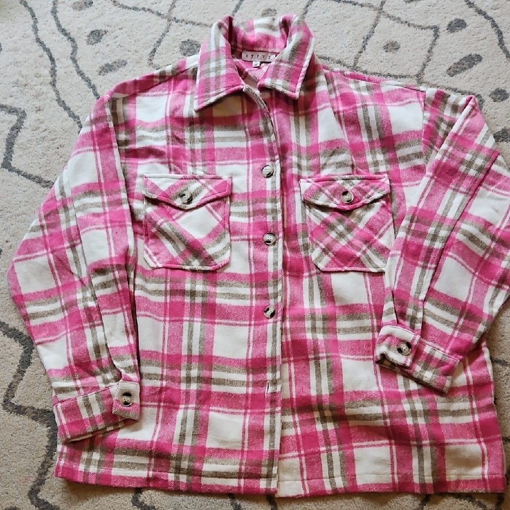 HYFVE Pink and White Plaid Teddy Jacket New